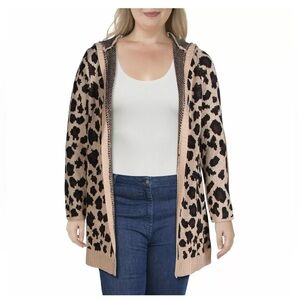 Cable & Gauge Hooded Open Duster Cardigan Tan Multi Leopard Animal Print (O1)